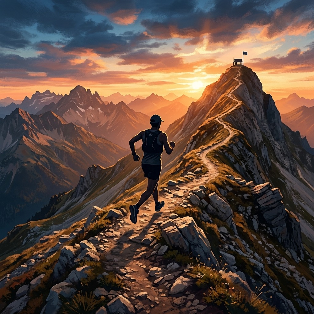 Runner silhouette nearing a mountain finish ridge
