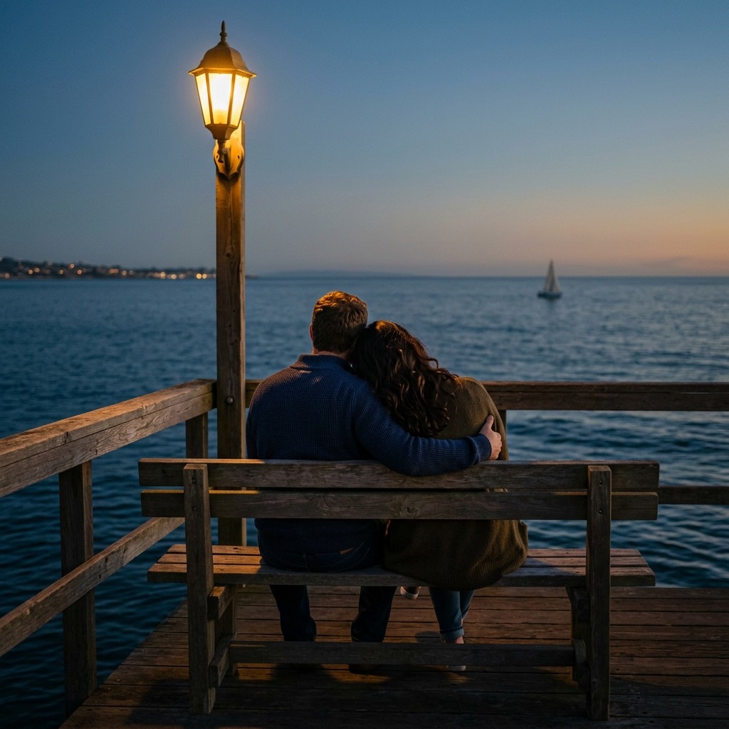 Two adult lovers sitting together on a seaside bench beneath an amber streetlamp at blue hour