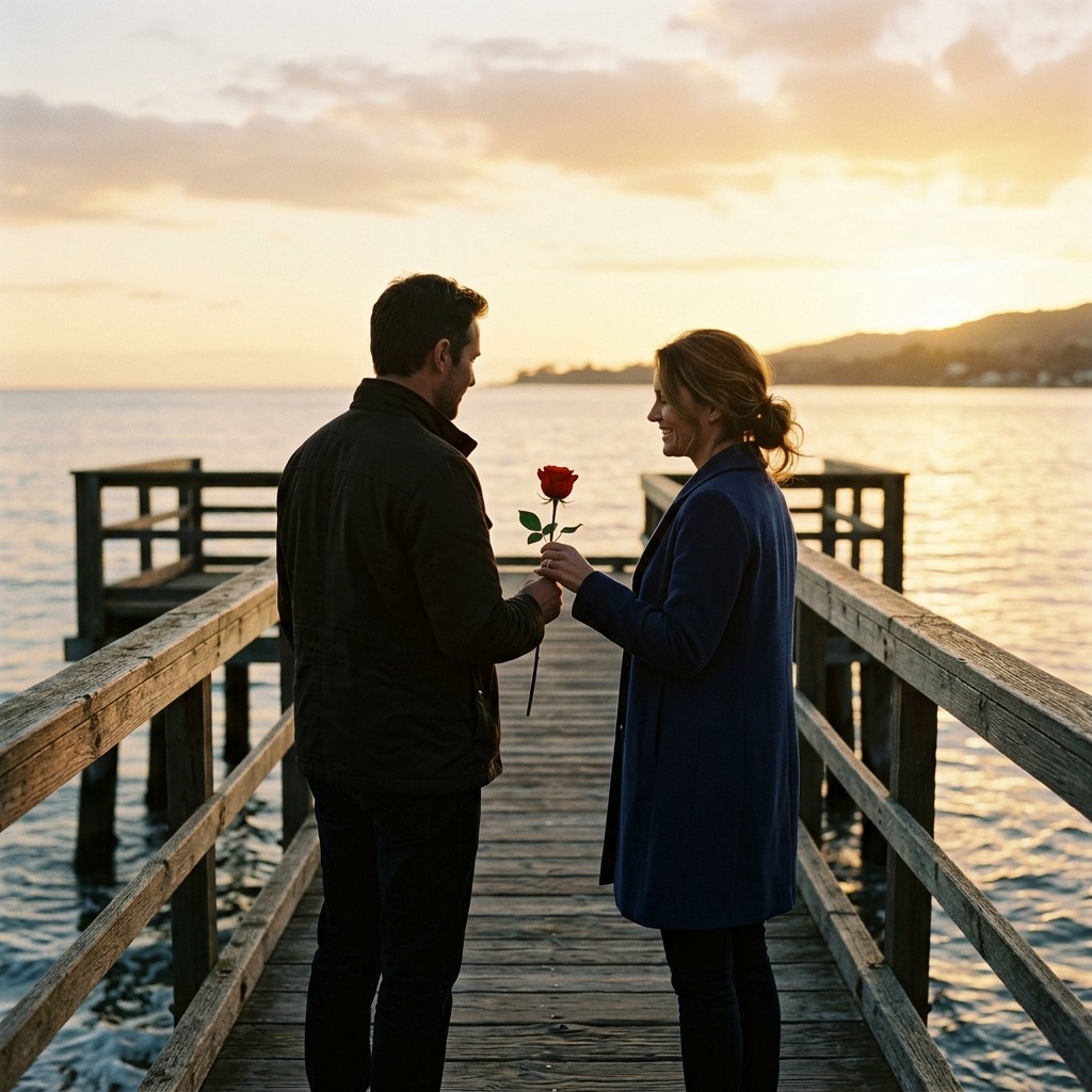 Adult couple exchanging a single rose at a seaside pier