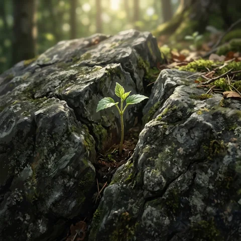 Small green seedling breaking through a stone crack