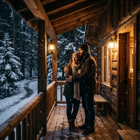 Adult couple sheltering beneath a cabin porch during snowfall