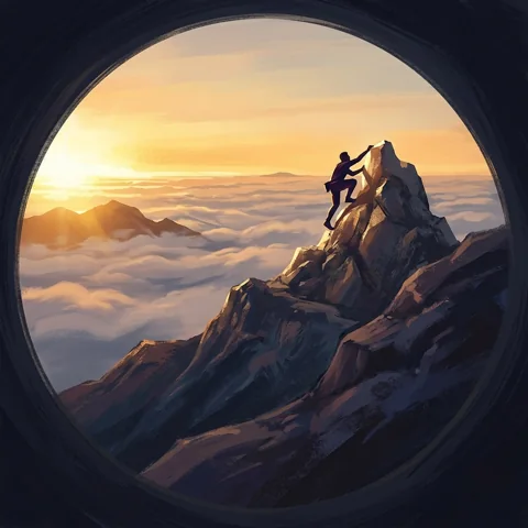 A climber reaching a mountain summit above clouds in warm sunrise light