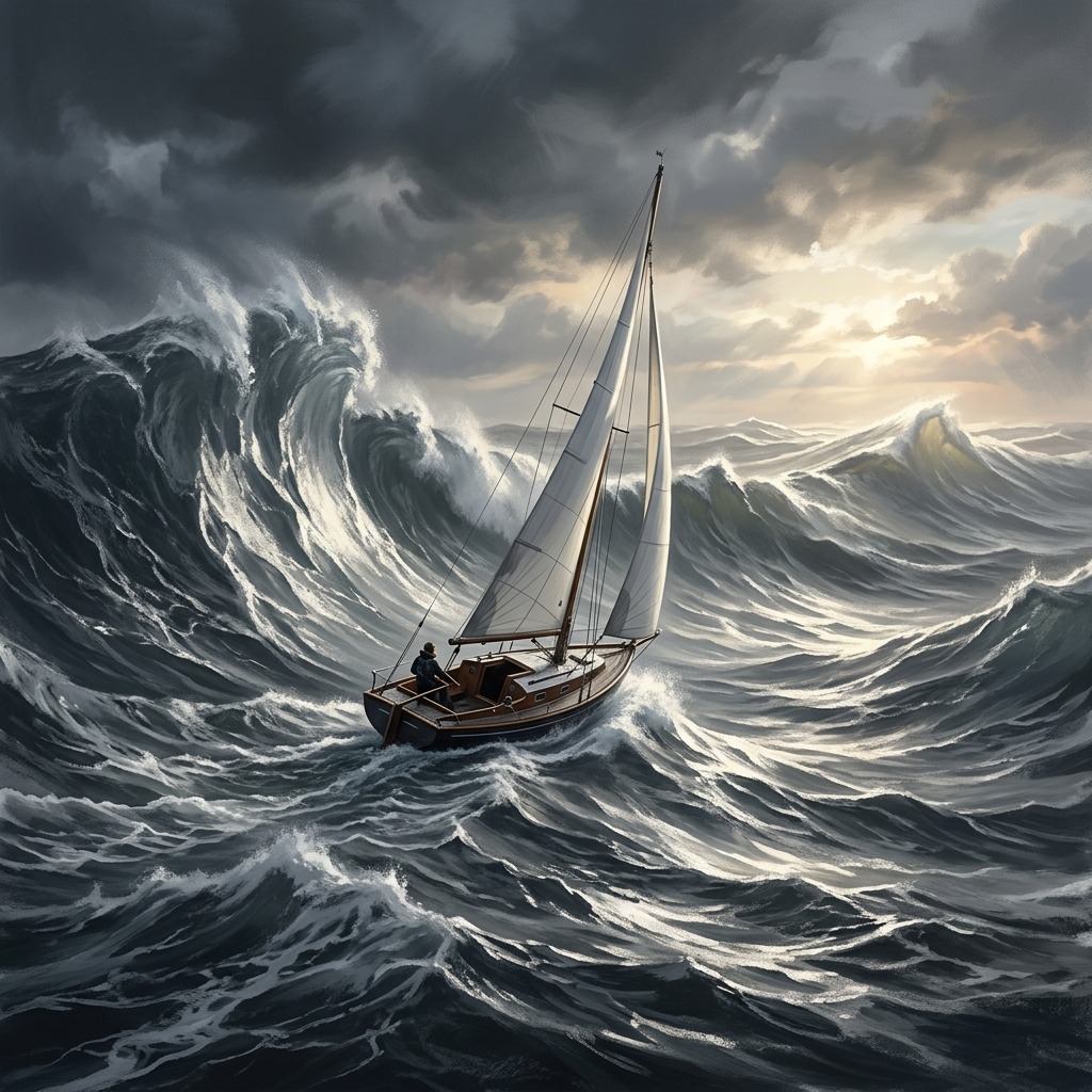 Tiny sailboat navigating tall silver waves