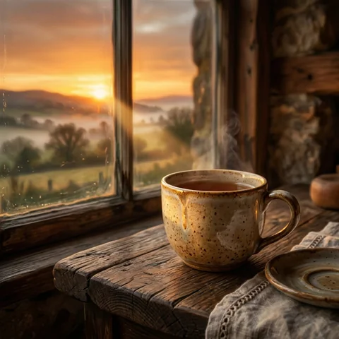 Ceramic cup catching the first ray of sunrise