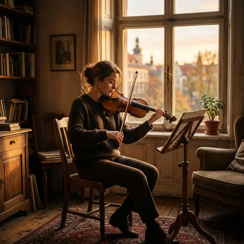 Musician practicing violin by a window