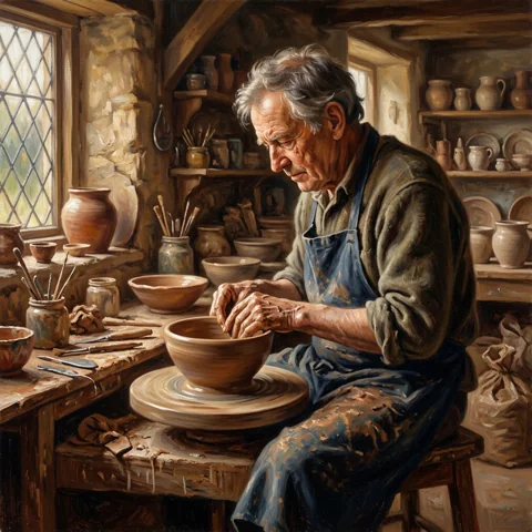 Potter shaping a clay bowl with careful hands