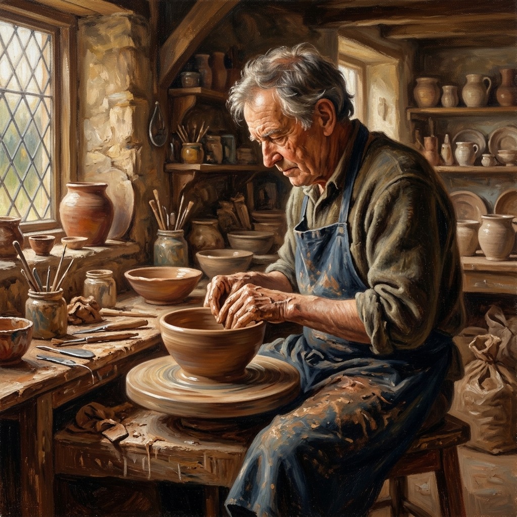 Potter shaping a clay bowl with careful hands