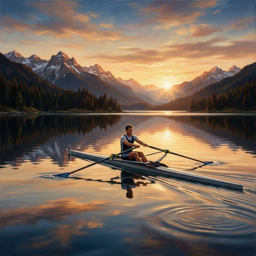 Rower crossing a mirrorlike lake at dawn