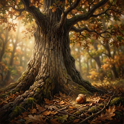 Tiny acorn beside a towering oak