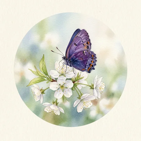 Violet butterfly resting on white blossom