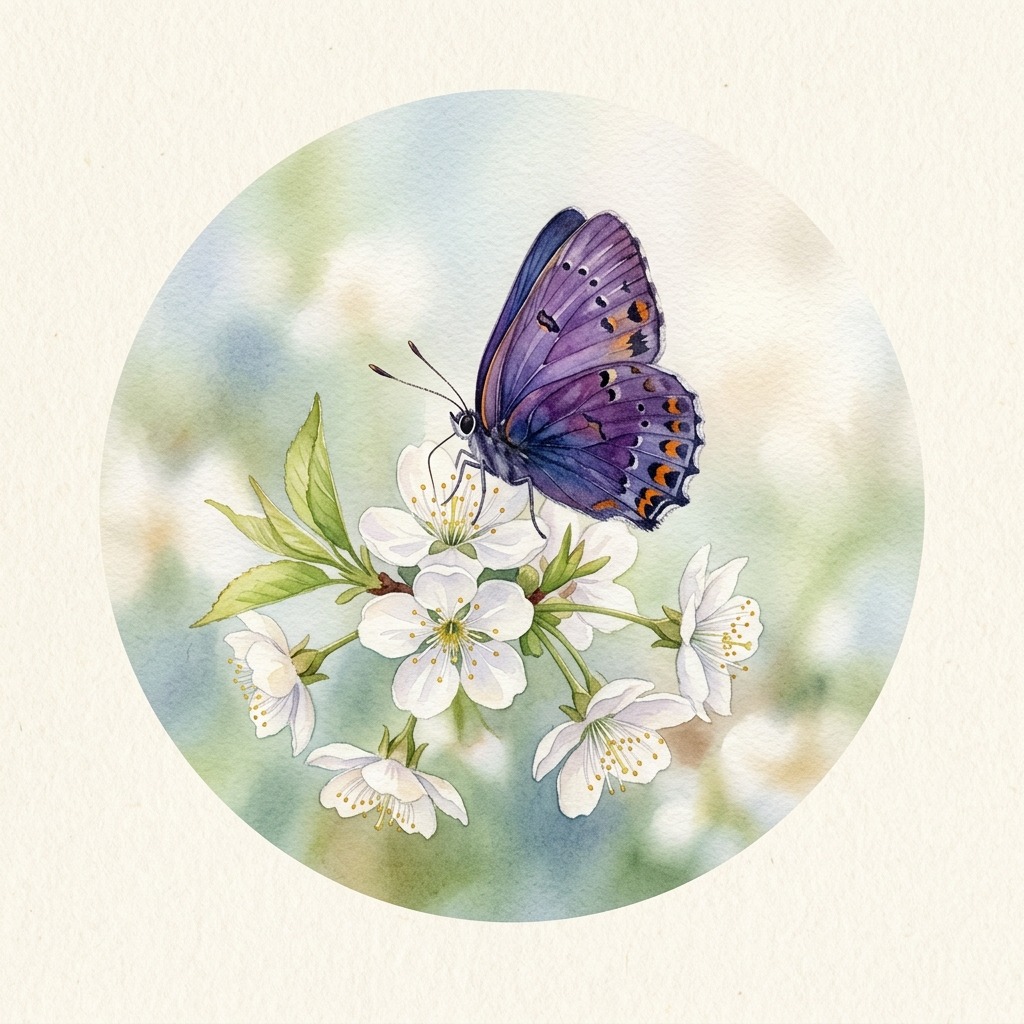 Violet butterfly resting on white blossom