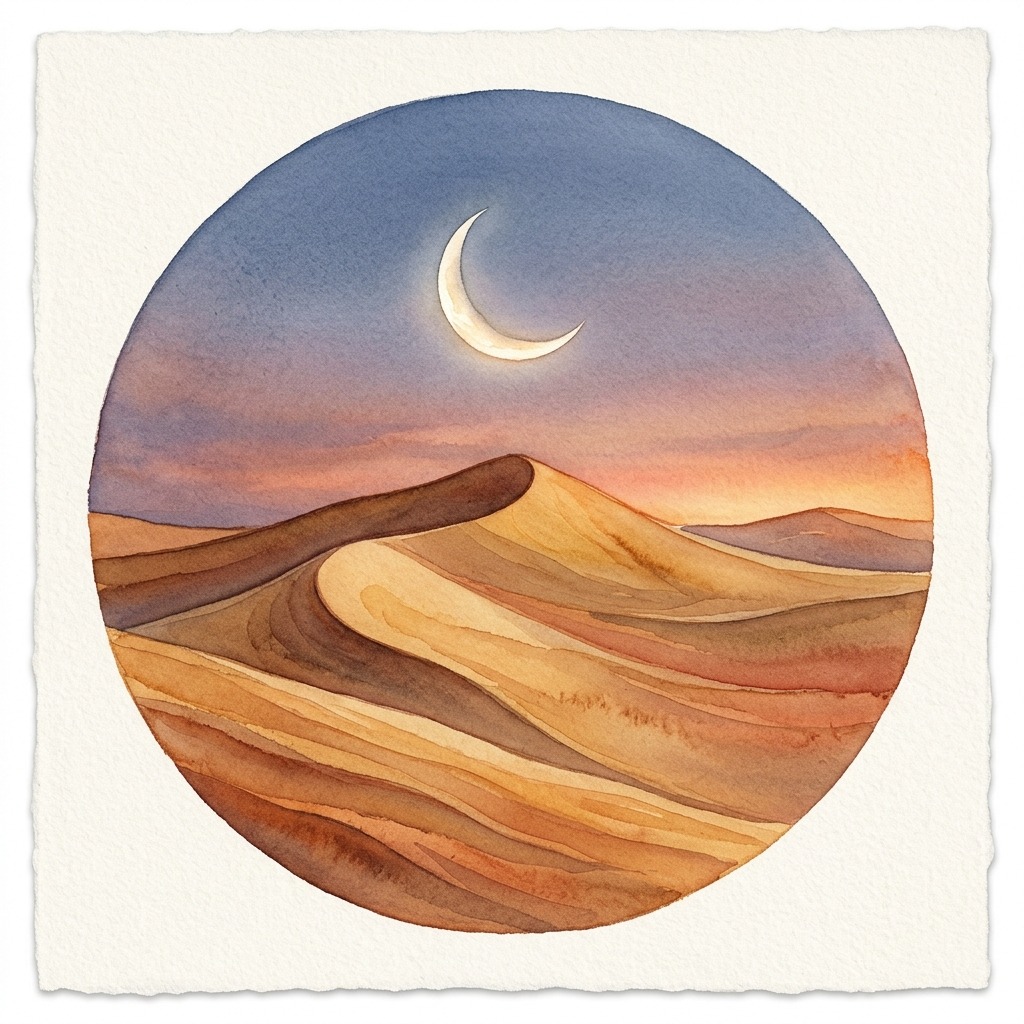 Crescent moon above desert dunes