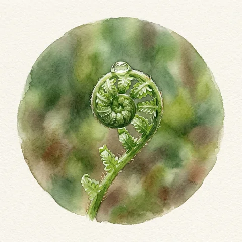 Single dewdrop on a fern unfurling