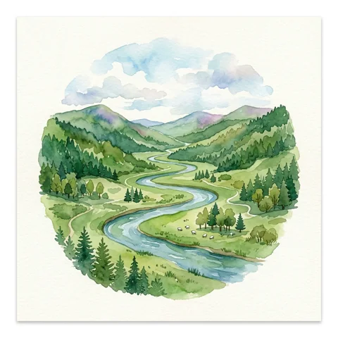 Emerald valley with winding river