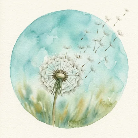 Dandelion seeds drifting against teal sky