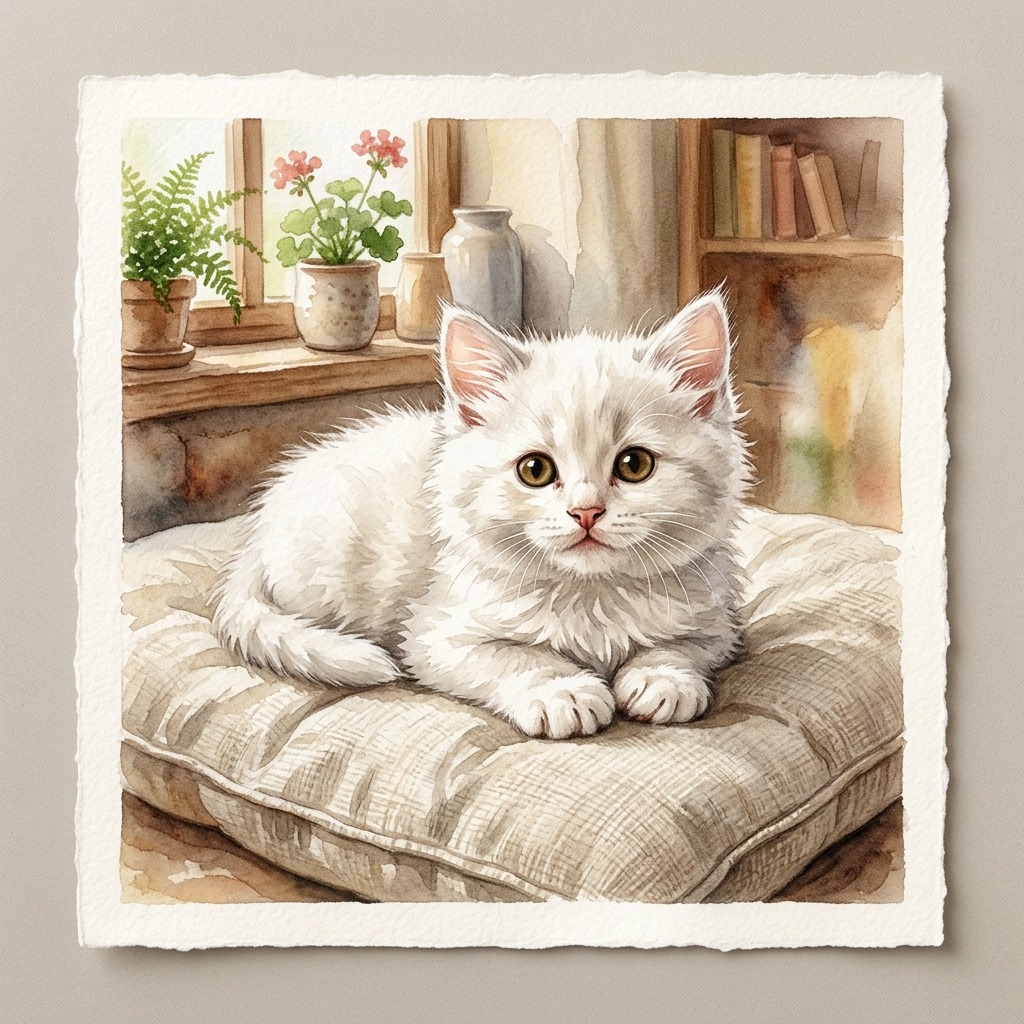 Fluffy white kitten on a linen cushion