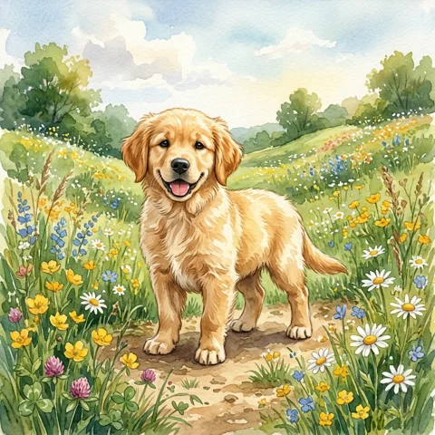 Golden retriever puppy in a meadow