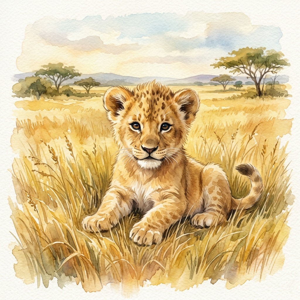 Lion cub in golden grass