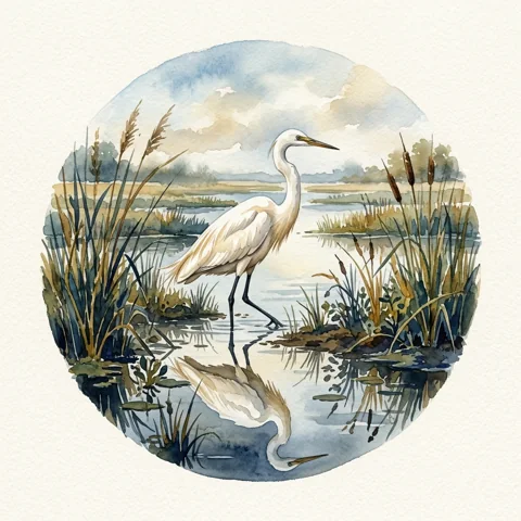 White egret reflected in marsh water