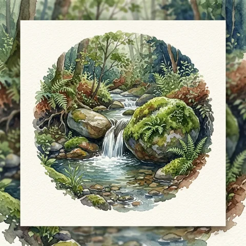Mossy stone beside a tiny waterfall