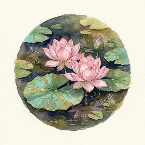 Pink lotus floating on dark water