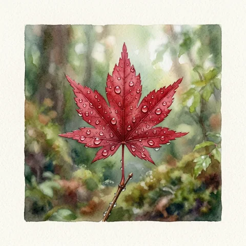 Rain droplets on a crimson maple leaf