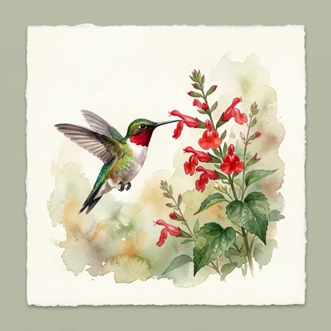 Hummingbird beside a scarlet flower
