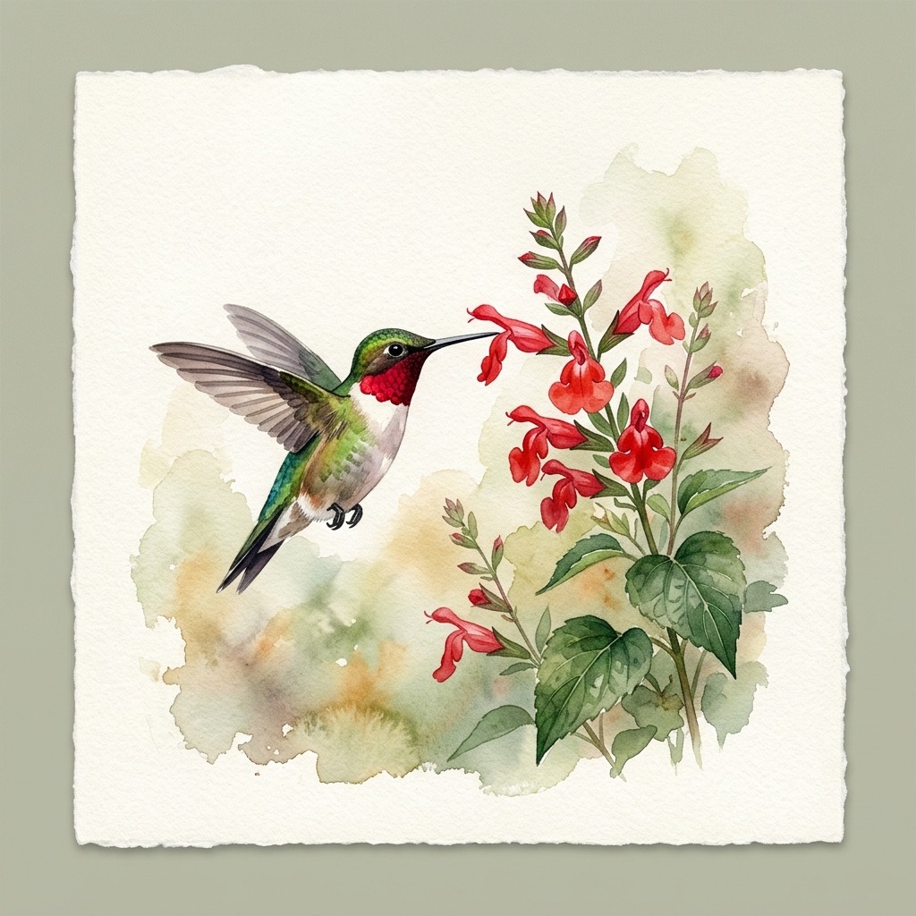 Hummingbird beside a scarlet flower