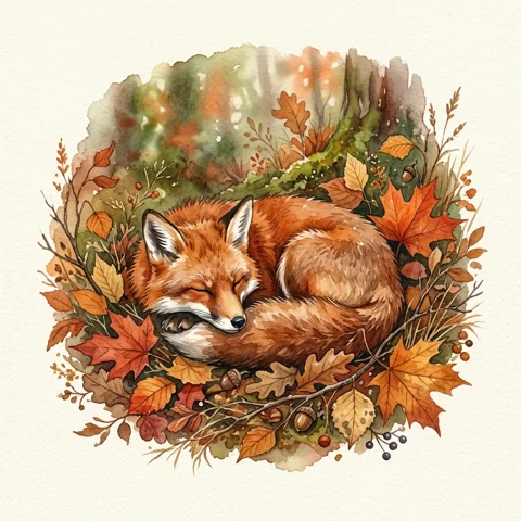 Red fox resting among autumn leaves