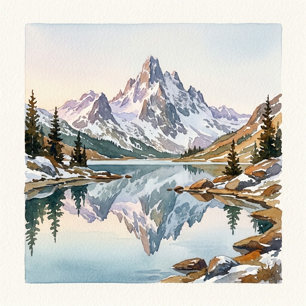 Snowy mountain reflected in still lake