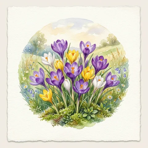 Spring meadow with crocus flowers