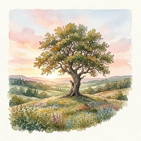 Lone oak under a pastel sunrise