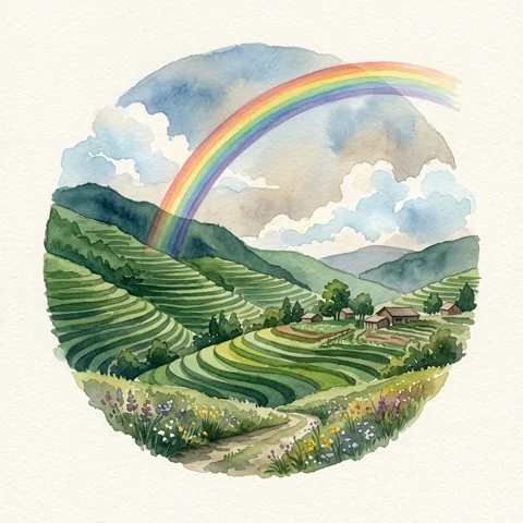 Rainbow over terraced green hills