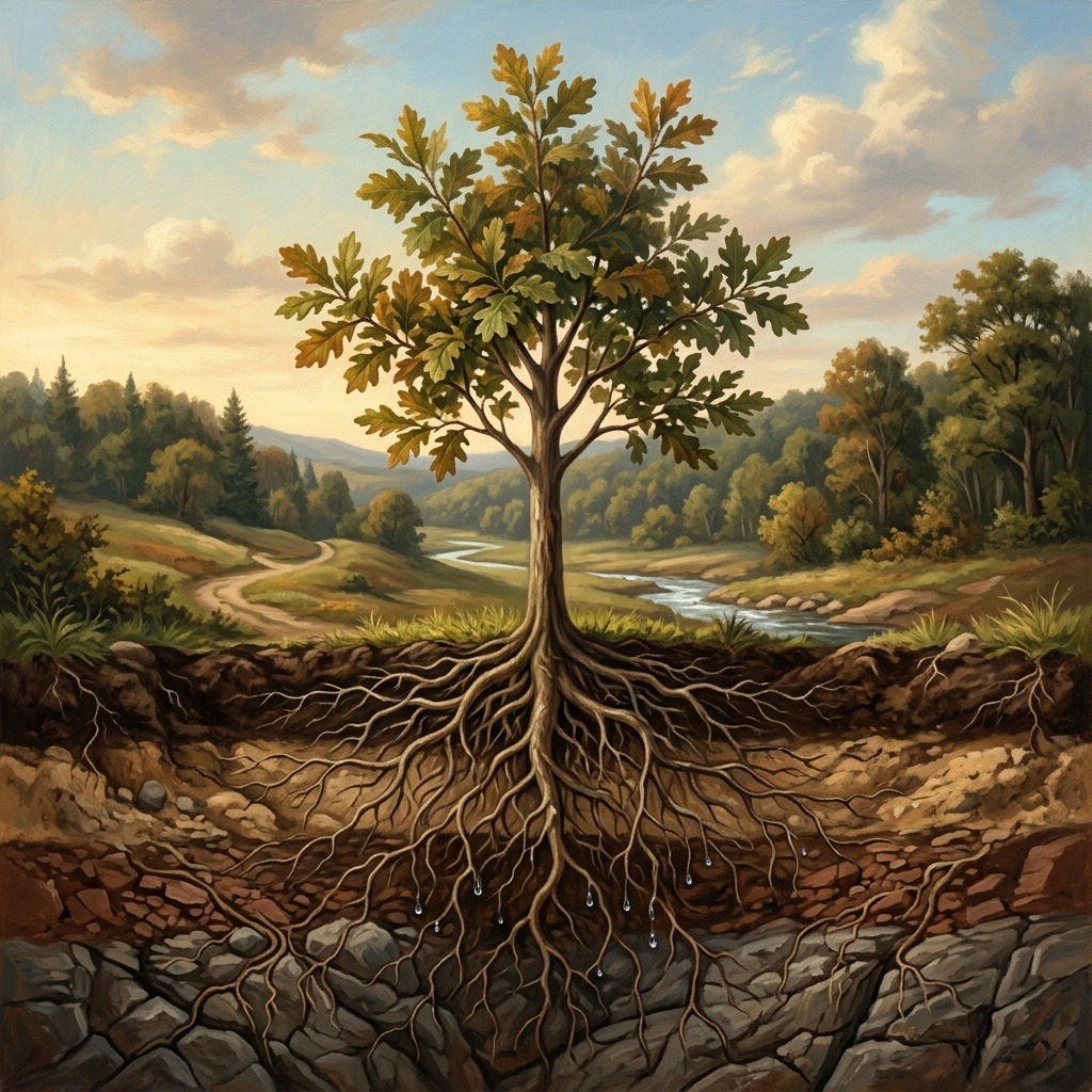 Young oak with deep roots revealed in layered earth