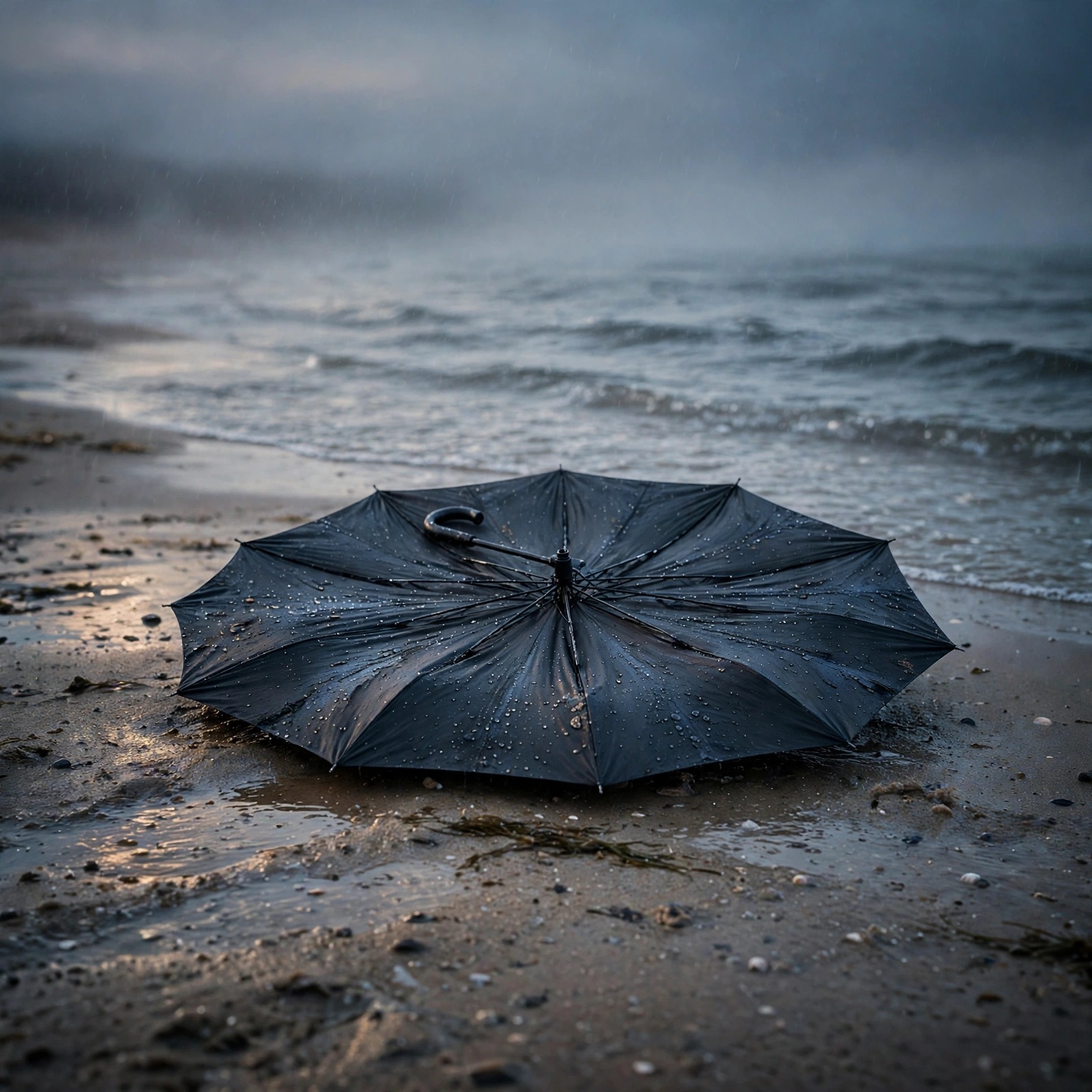 Abandoned Black Umbrella on a Wet Beach