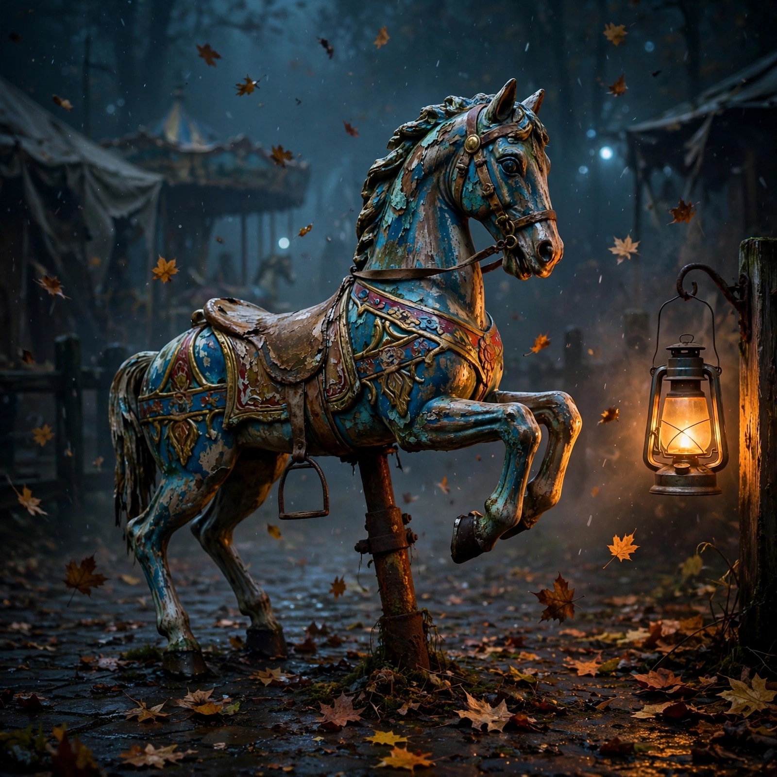 Abandoned painted carousel horse in a foggy night fairground with lantern glow, sad WhatsApp DP