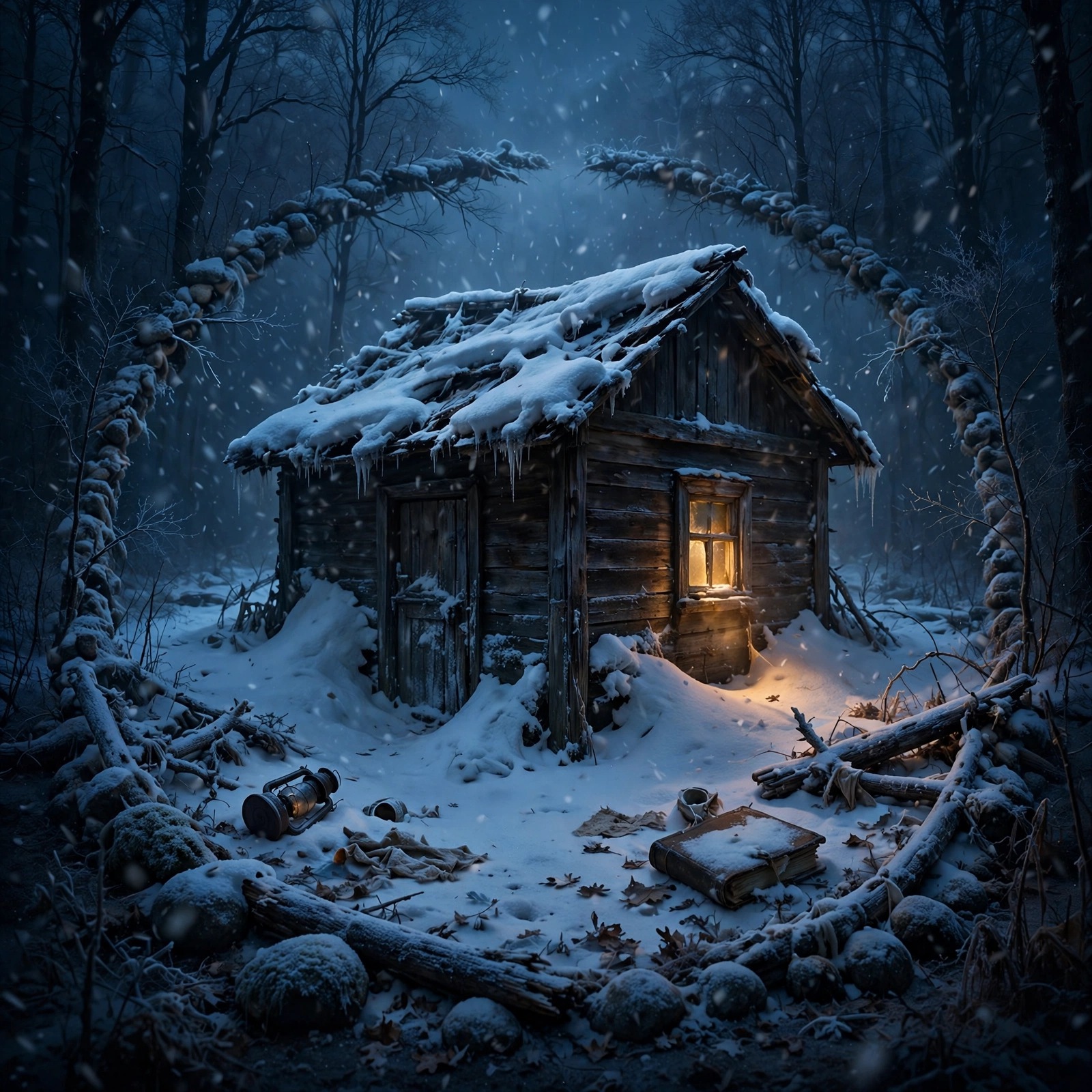 Abandoned wooden house half-buried in falling snow at blue hour, sad DP