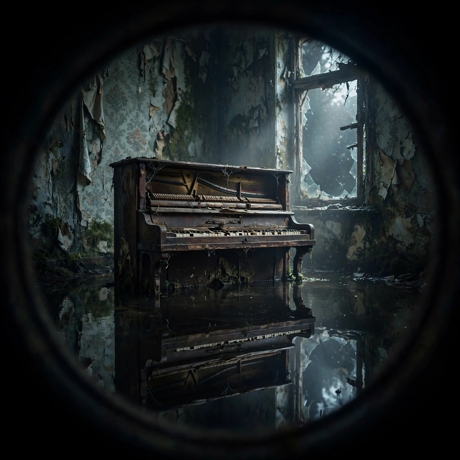 Abandoned piano in a flooded room, sad DP