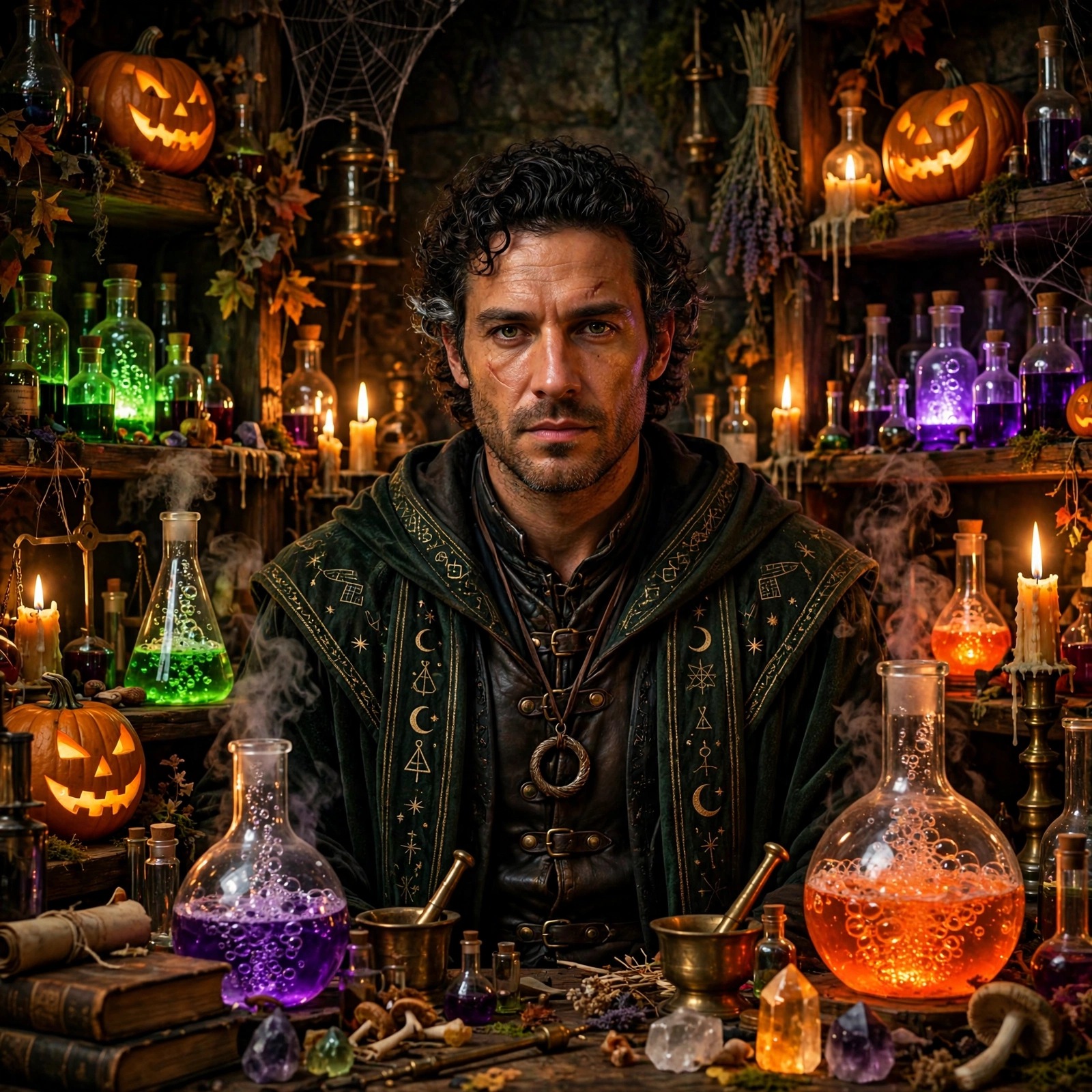 Alchemist surrounded by glowing potion bottles and jack-o-lanterns on Halloween night, boys WhatsApp DP