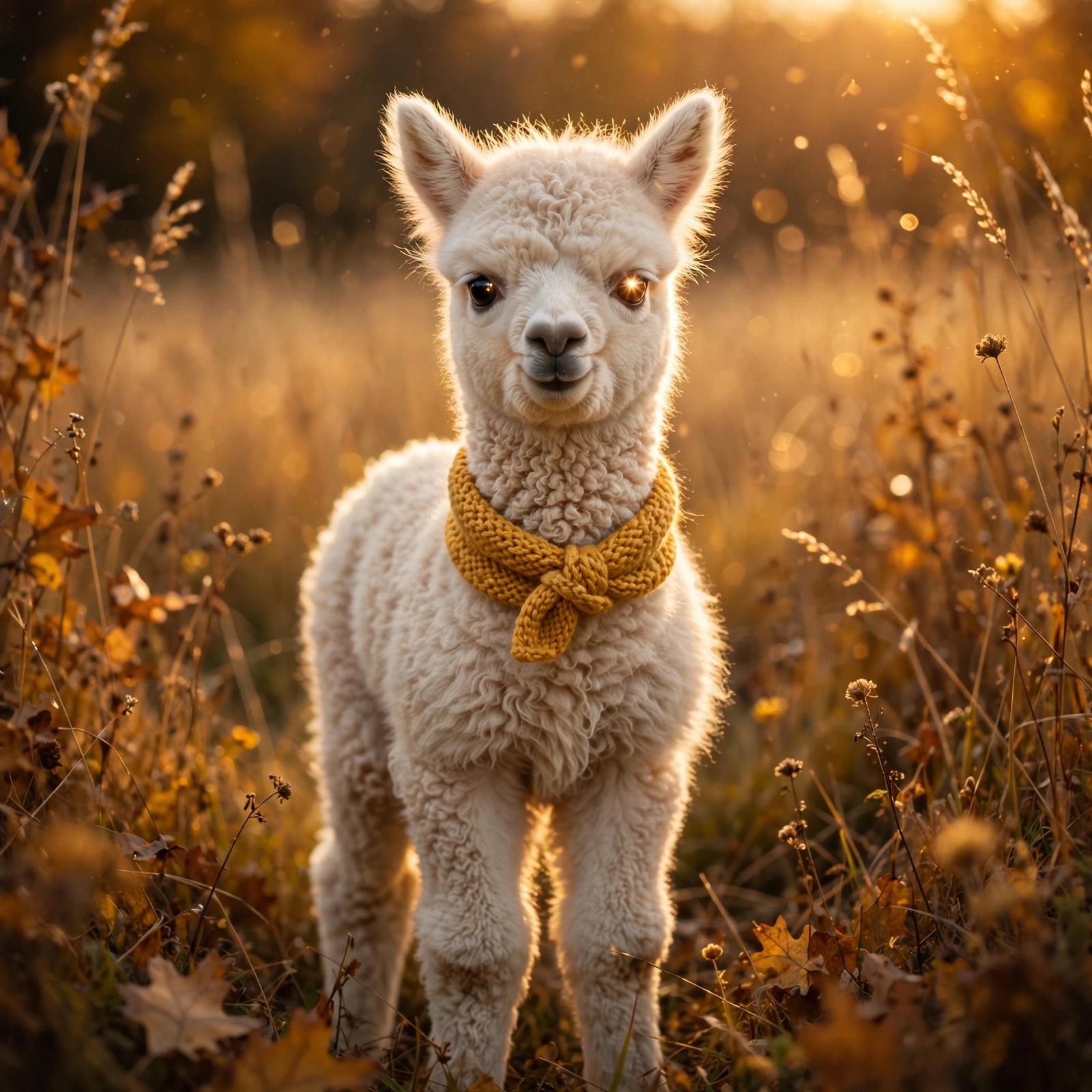 Fluffy baby alpaca wearing a tiny mustard knit scarf in an autumn meadow at golden hour, cute profile DP