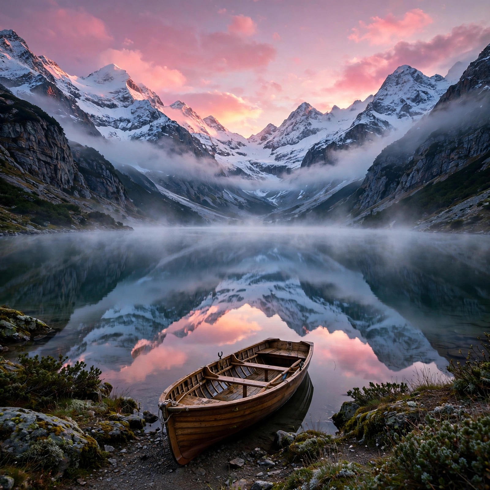 Alpine lake mirroring snow peaks and pink dawn sky with a rowboat