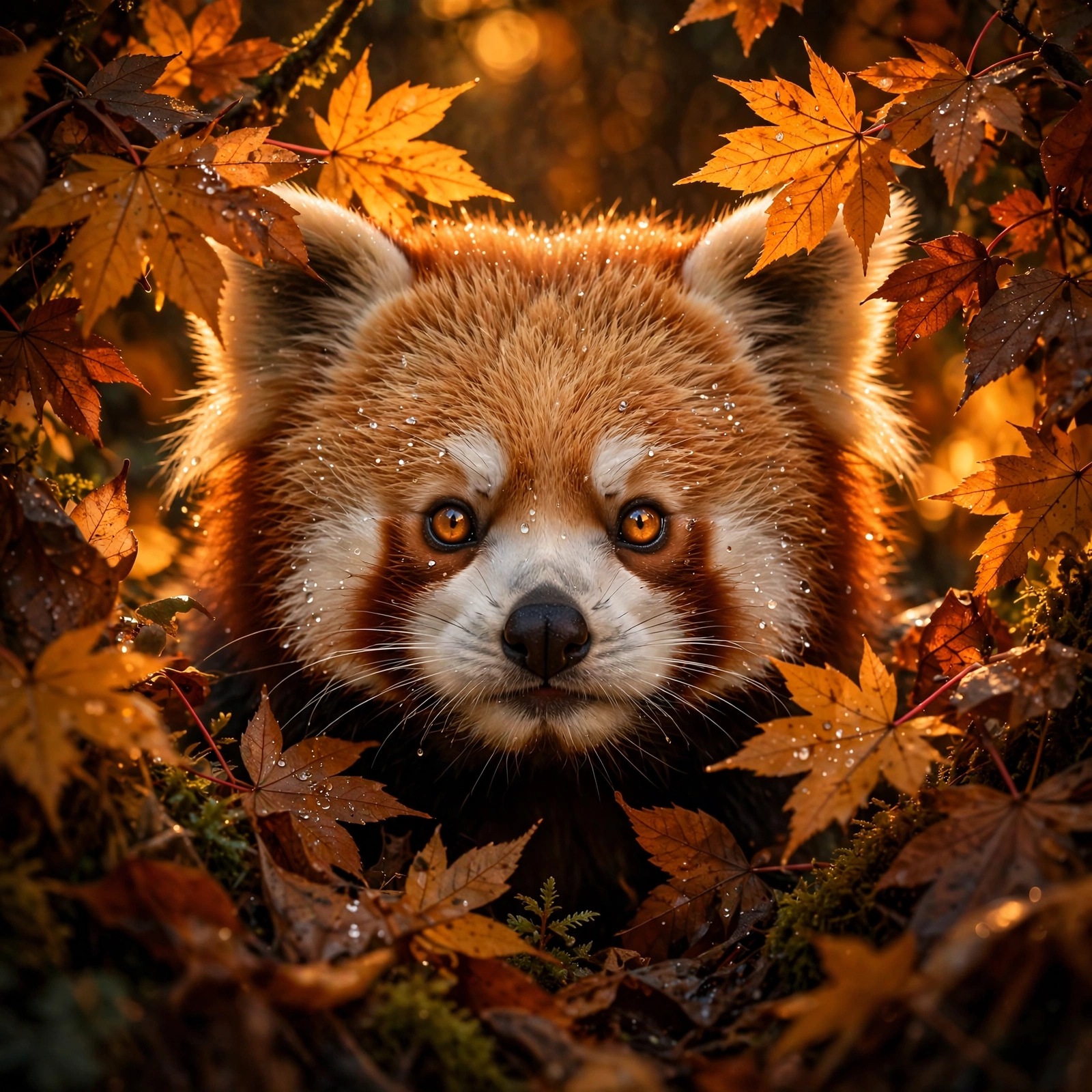 Red panda with amber eyes among glowing autumn leaves, animals WhatsApp DP