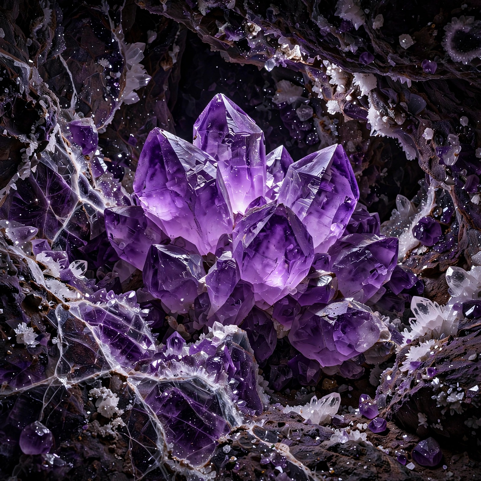 Close-up of glowing violet amethyst crystals inside a crystal cave with white quartz veins