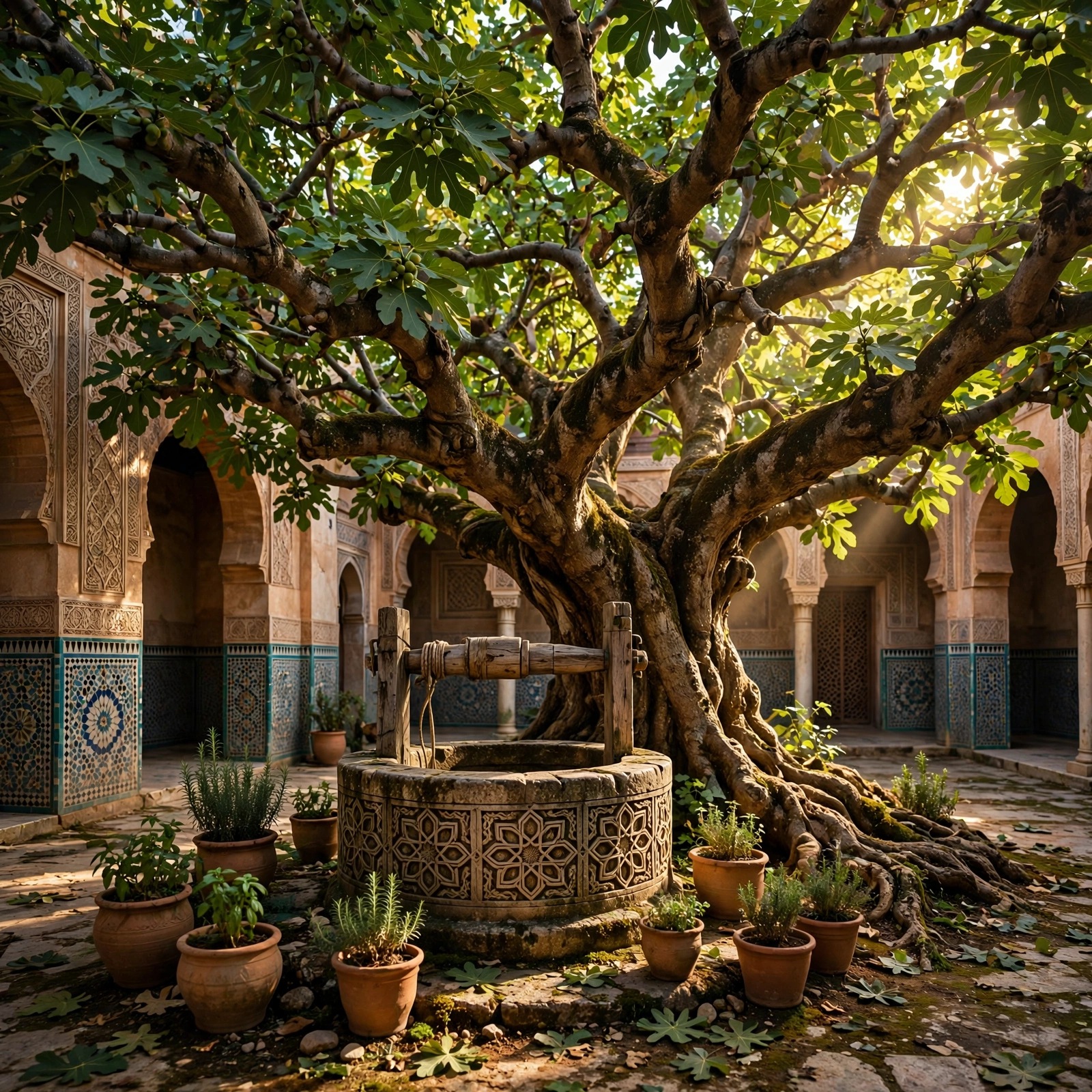 Ancient Fig Tree in a Courtyard with a Well