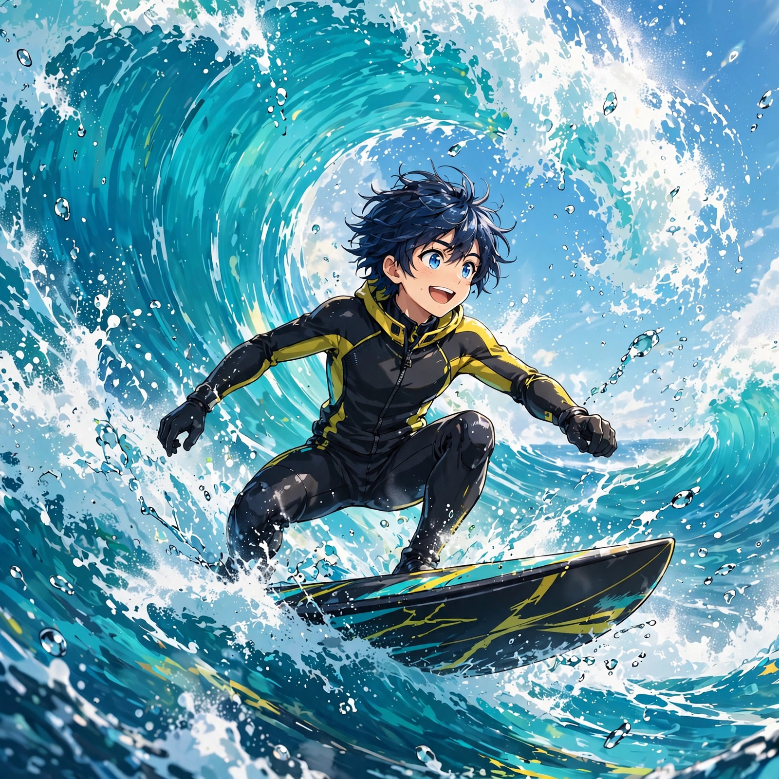 Anime boy surfing a giant turquoise wave with sea spray flying