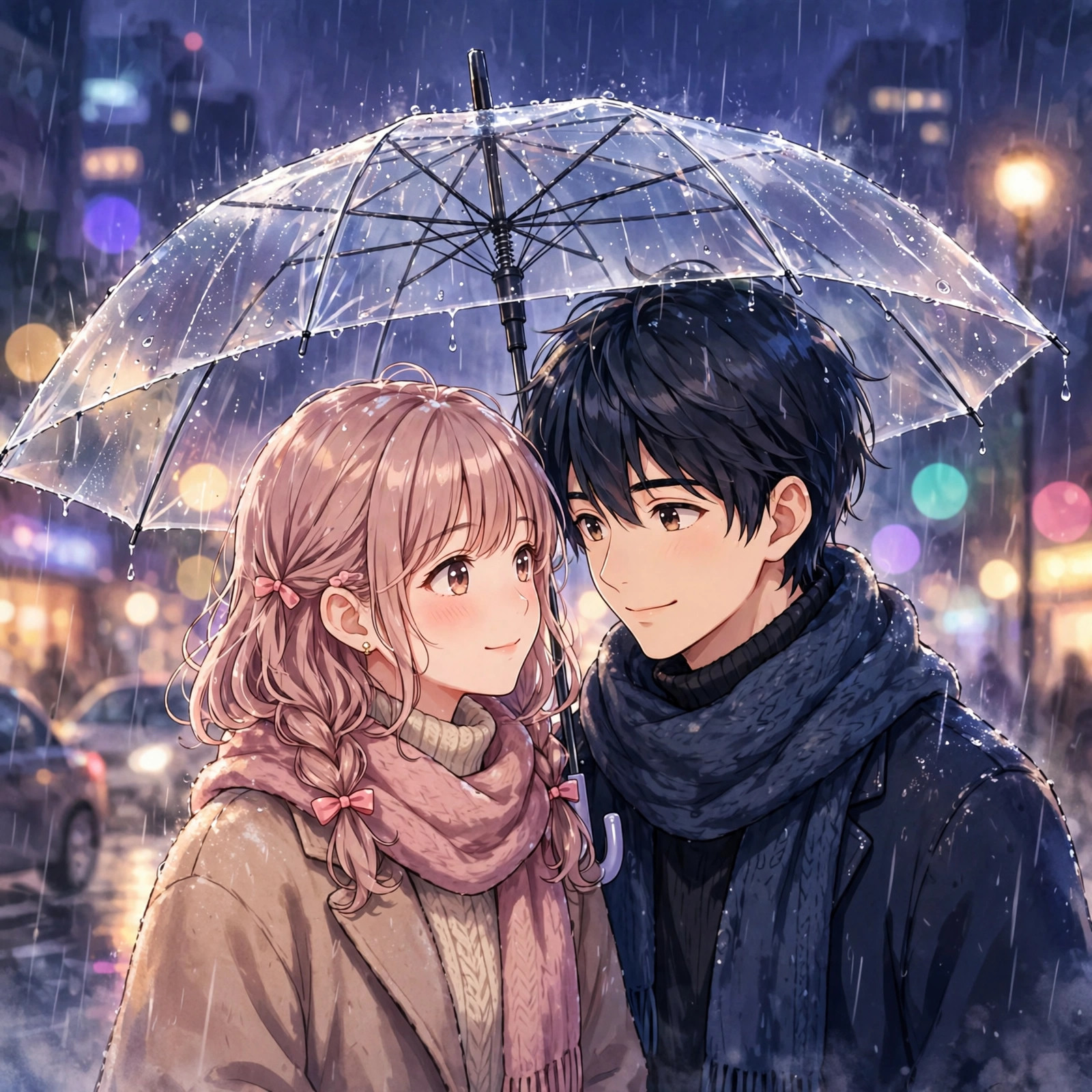 Anime couple sharing one transparent umbrella in gentle rain with city lights blurred behind