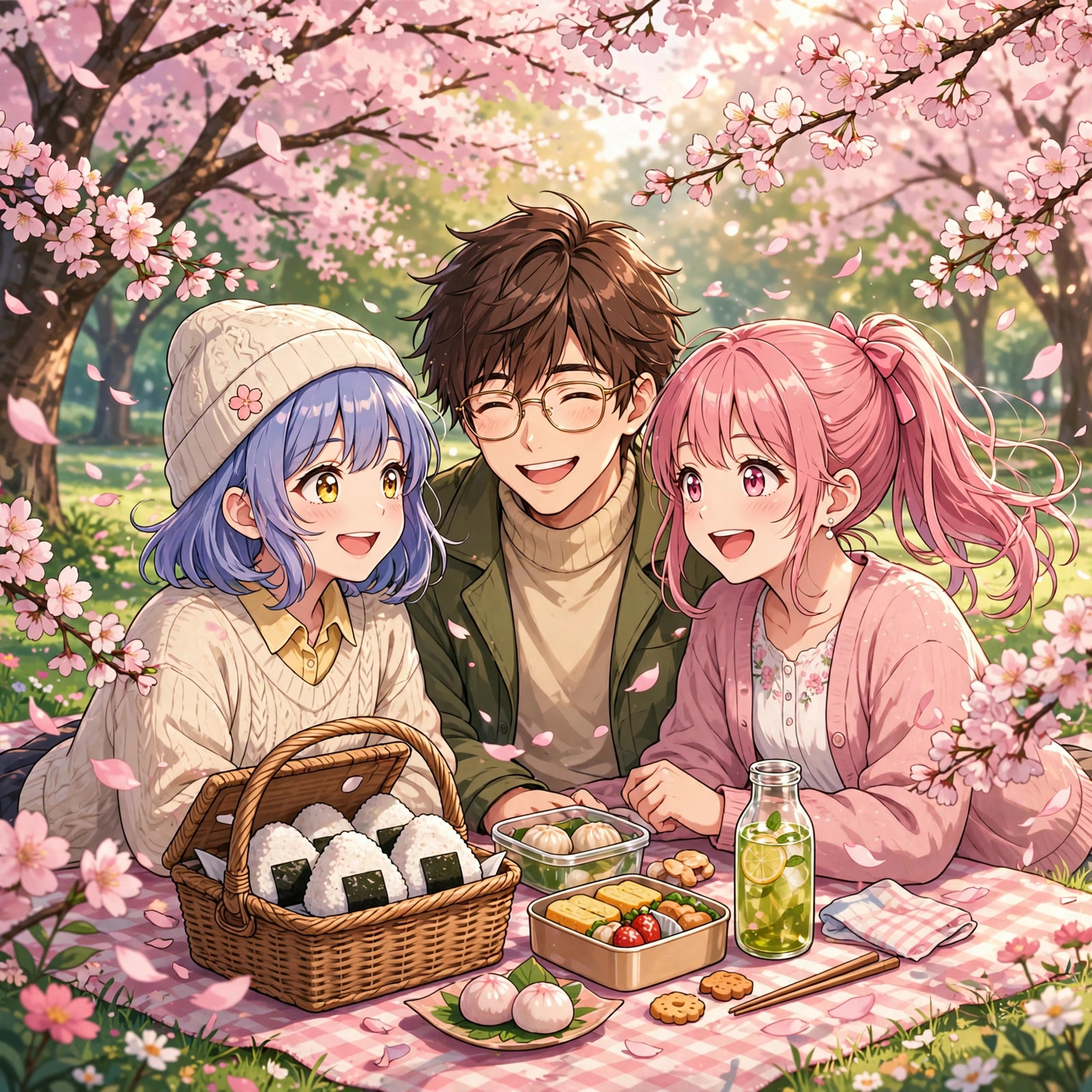 Anime friends having a joyful picnic under blooming pink sakura trees with petals swirling