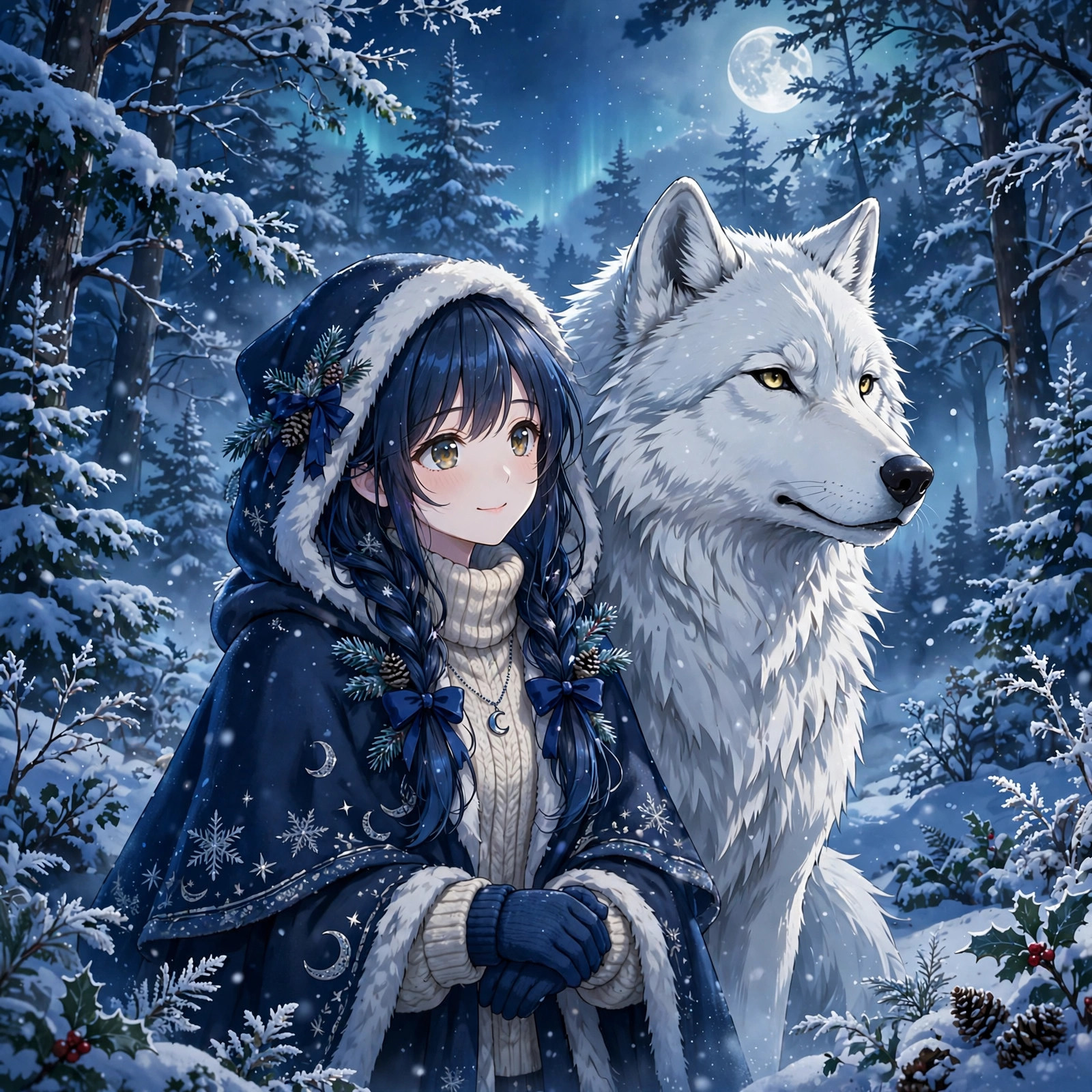 Anime girl with a majestic white wolf standing together in a snowy moonlit forest