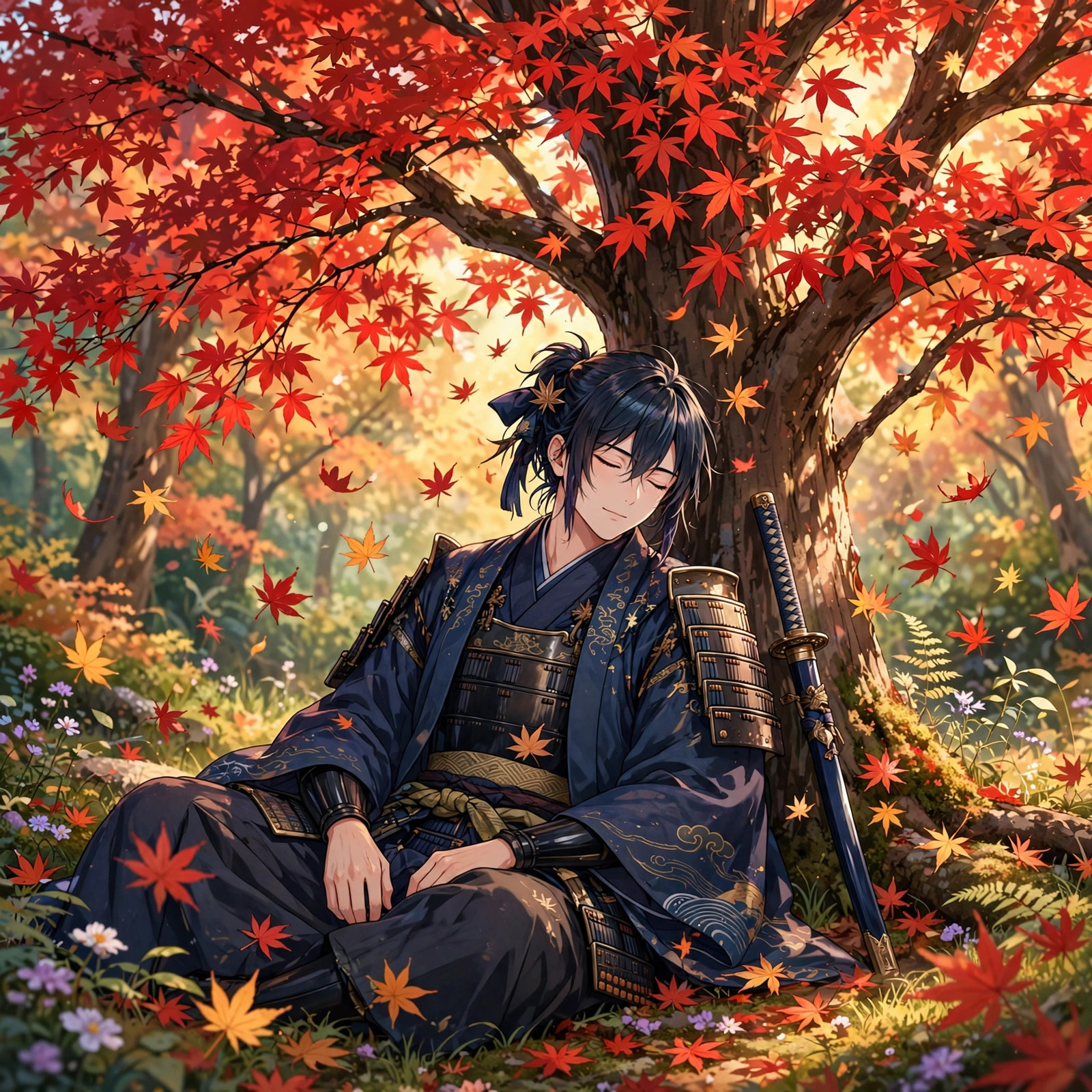 Anime samurai resting peacefully under a brilliant red maple tree with leaves falling
