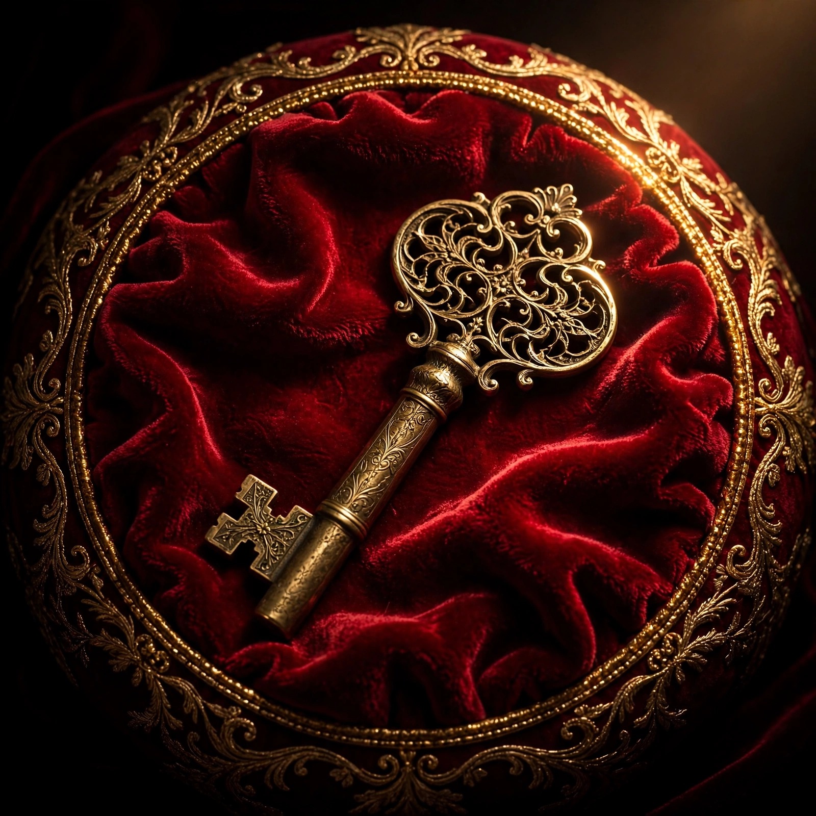 Large antique ornate brass key with filigree engraving lying on deep crimson velvet with gold-embroidered edges under dramatic spotlight